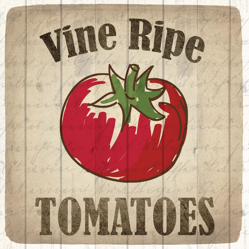 Kimberly Allen, Vine Ripe Tomatoes (Frische Tomate, Rispentomate, Gemüse, Holzpanele, Vintage, Retro, Küche, Esszimmer, Treppenhaus, Wunschgröße, Malerei, bunt)