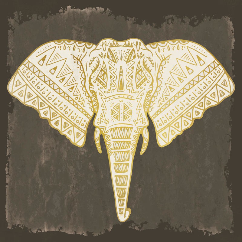 Kimberly Allen, Native Elephant (Elefantenkopf, ethnische Muster, tribals, Ohrringe, modern, stilisch, Wohnzimmer, Jugendzimmer, Treppenhaus, Wunschgröße, Malerei, gold/grau)