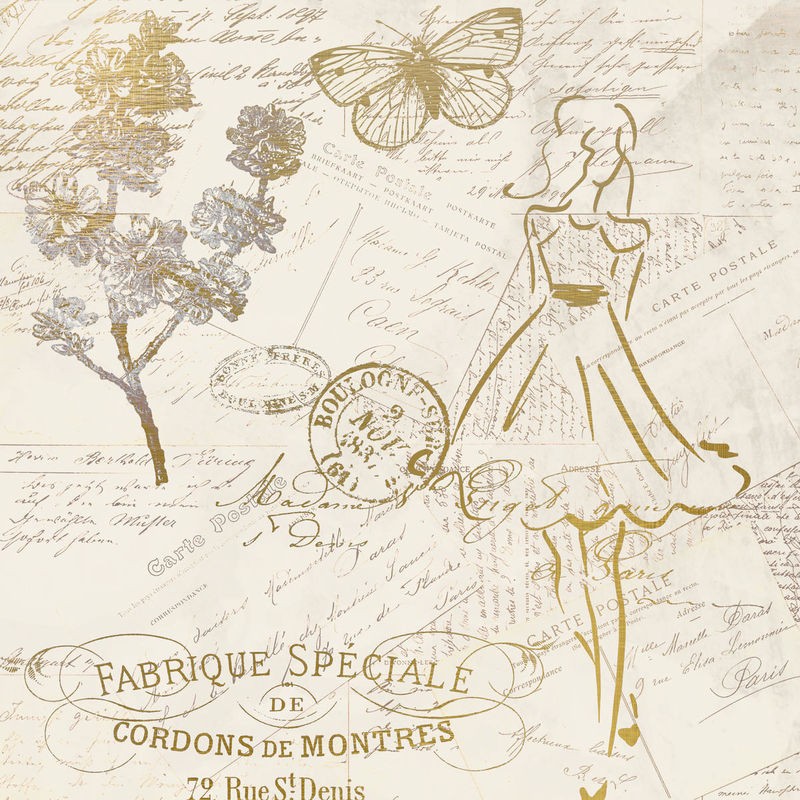 Kimberly Allen, Fashion 1 (Mode, Skizze, Entwurf, Sommerkleid, Schmetterling, leicht, beschwingt, Postkarte, Kalligrafie, Nostlgie, Retro, Vintage, Treppenhaus, Schneiderei, sepia)