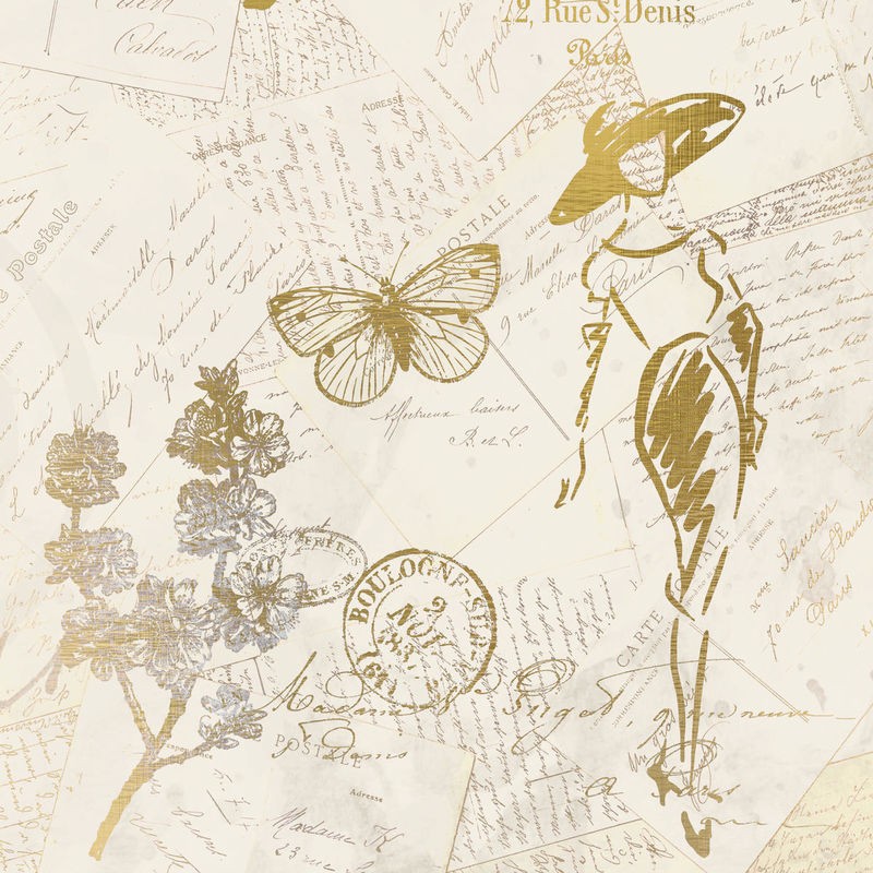 Kimberly Allen, Fashion 3 (Mode, Skizze, Entwurf, Sommerkleid, Schmetterling, leicht, beschwingt, Postkarte, Kalligrafie, Nostlgie, Retro, Vintage, Treppenhaus, Schneiderei, sepia)