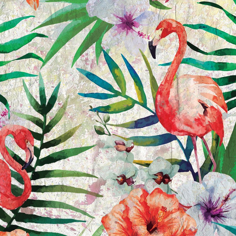 Kimberly Allen, Tropical Life 2 (Flamingo, rosa Flamingo, Vögel, Exotisch, Blumen, Pflanzen, Urwald,  Wohnzimmer, Treppenhaus, Schlafzimmer,  Wunschgröße, bunt)