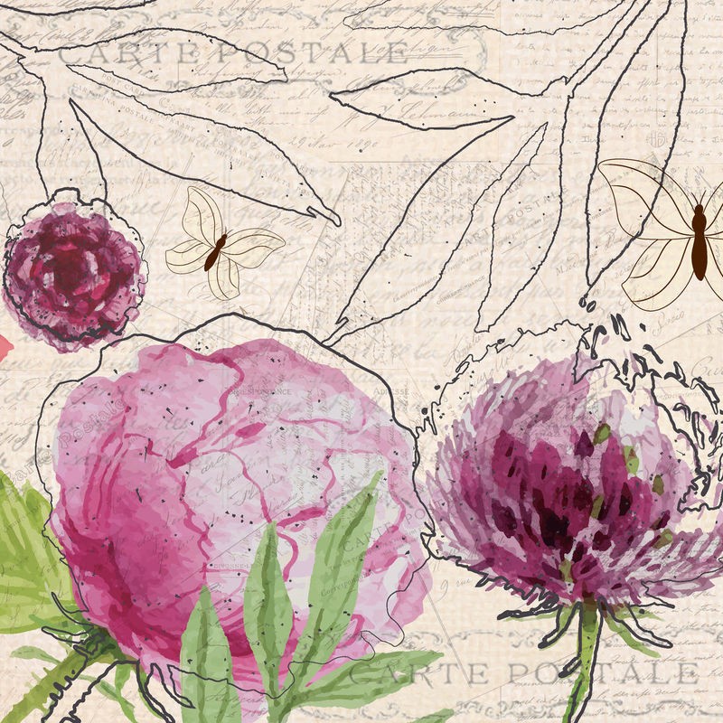 Kimberly Allen, Blooming 1 (Blumen, Pfingstrose, Postkarte,  Frankreich, Kalligrafie, Nostalgie, Grafik, Wohnzimmer, Treppenhaus, Schlafzimmer,  Wunschgröße, bunt)