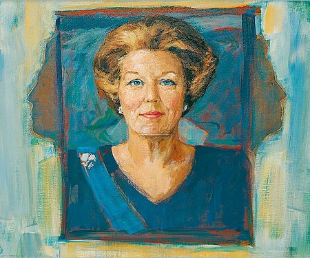 Carla Rodenberg, Queen Beatrix (Malerei, Modern,  Portrait, Persönlichkeiten, Königin, Niederlande, abstrakter Realismus,, abstrakte Elemente, Wohnzimmer, Büro, bunt)