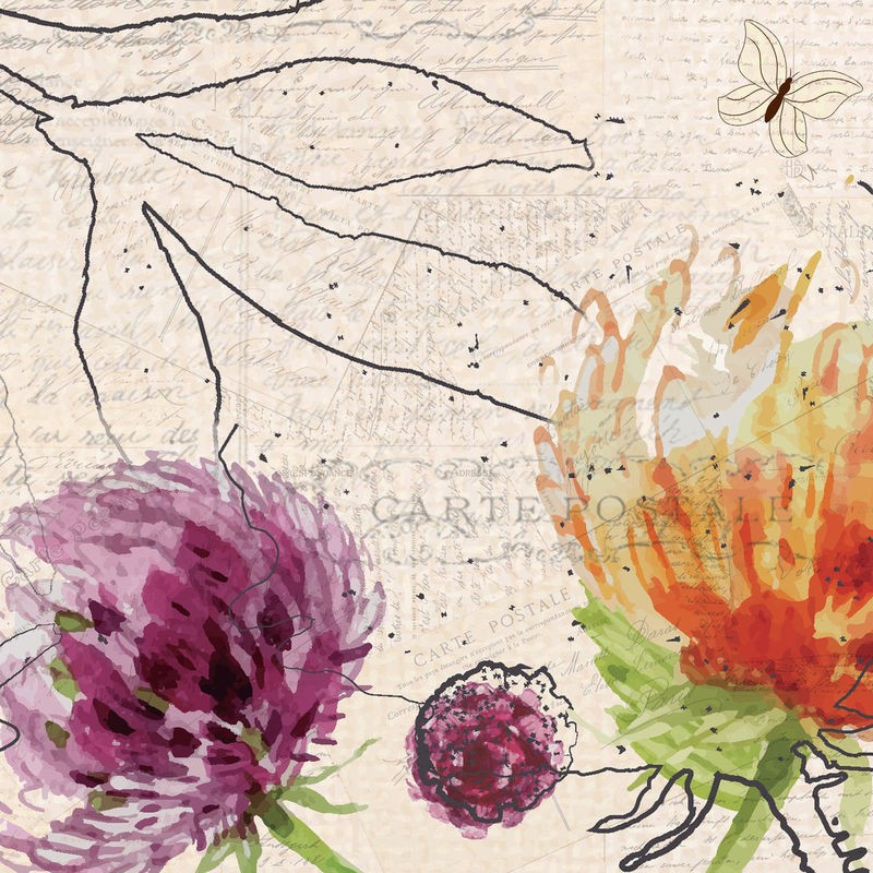 Kimberly Allen, Blooming 2 (Blumen, Blüten, Postkarte,  Frankreich, Kalligrafie, Nostalgie, Grafik, Wohnzimmer, Treppenhaus, Schlafzimmer,  Wunschgröße, bunt)