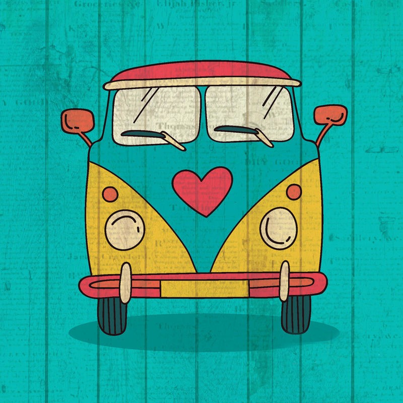 Kimberly Allen, Groovy 1 (Bulli, VW-Bus, Hippie, Retro, vintage, flower power, Holzpanele, Jugendzimmer, Treppenhaus, Wunschgröße, bunt)