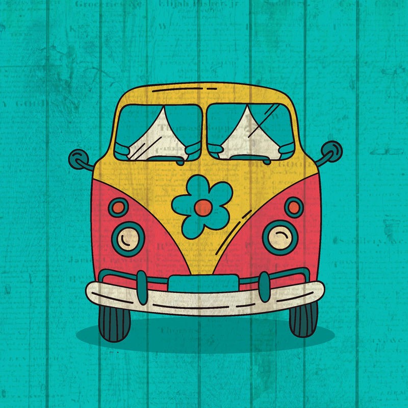 Kimberly Allen, Groovy 3 (Bulli, VW-Bus, Hippie, Retro, vintage, flower power, Holzpanele, Jugendzimmer, Treppenhaus, Wunschgröße, bunt)