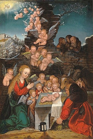 LUCAS CRANACH Der Ältere, Geburt Christi. (Heilige Familie,Geburt Christi, Stall, Hirten, Engel, Engelschar,  Maria, Joseph, Weihnachten, Ochs, Esel, Religion, neues TEstament, Christentum, Klassiker, Renaissance, Wunschgröße, Wohnzimmer)