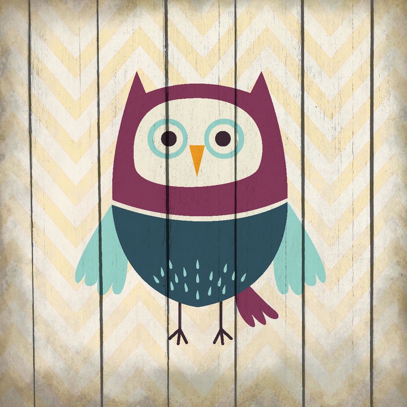 Kimberly Allen, Owl 1 (Eule, Vogel, niedlich, naiv, Holzpanele, Kinderzimmer, Treppenhaus, Wunschgröße, Malerei, bunt)