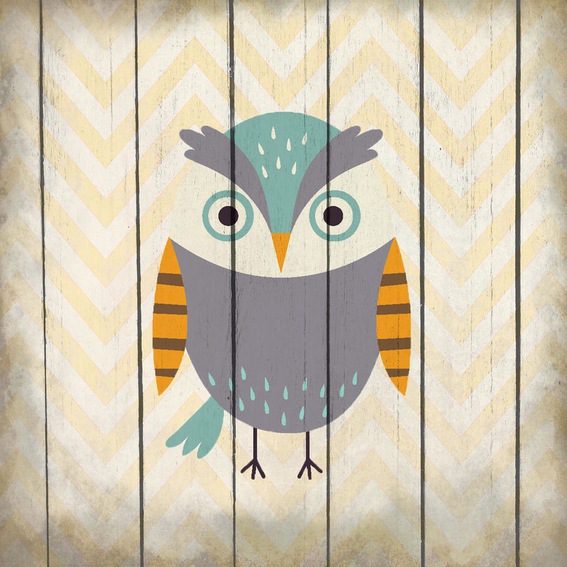 Kimberly Allen, Owl 2 (Eule, Vogel, niedlich, naiv, Holzpanele, Kinderzimmer, Treppenhaus, Wunschgröße, Malerei, bunt)