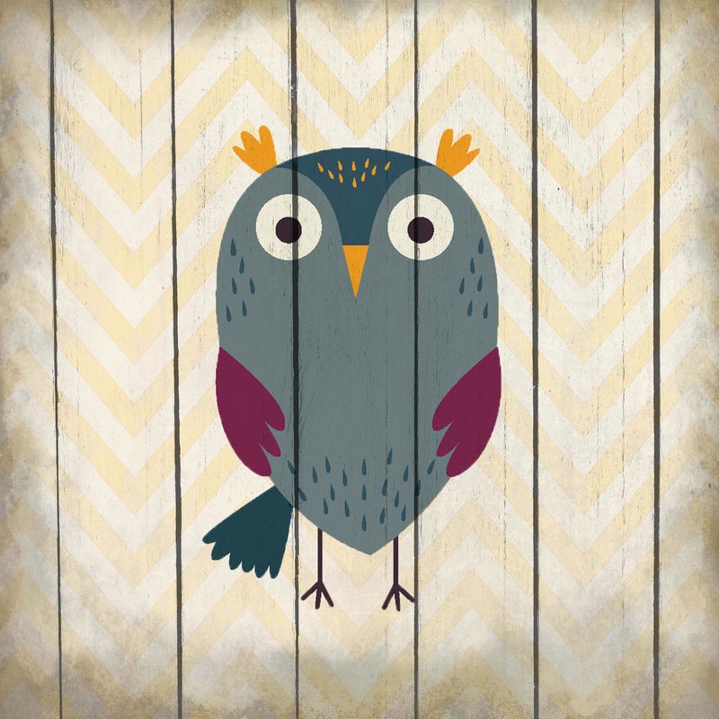 Kimberly Allen, Owl 3 (Eule, Vogel, niedlich, naiv, Holzpanele, Kinderzimmer, Treppenhaus, Wunschgröße, Malerei, bunt)