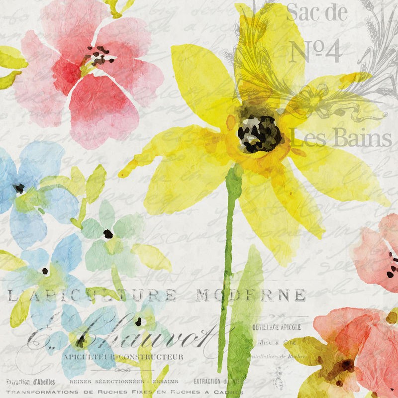 Kimberly Allen, French Floral 1 (Blumen, Blüten, Postkarte,  Frankreich, Kalligrafie, Nostalgie, Grafik, Wohnzimmer, Treppenhaus, Schlafzimmer,  Wunschgröße, bunt)