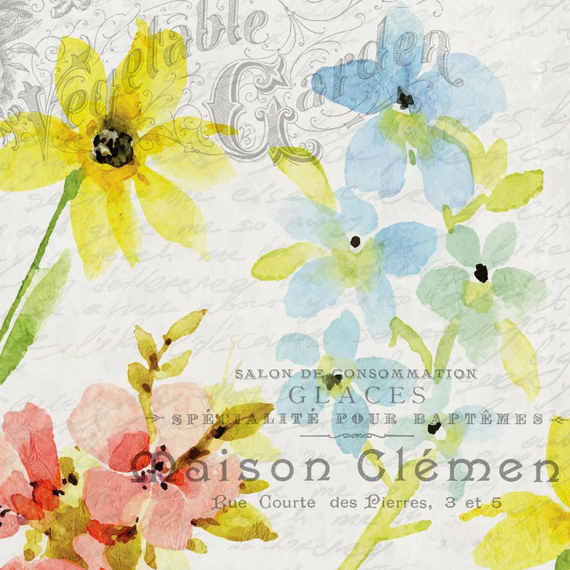 Kimberly Allen, French Floral 2 (Blumen, Blüten, Postkarte,  Frankreich, Kalligrafie, Nostalgie, Grafik, Wohnzimmer, Treppenhaus, Schlafzimmer,  Wunschgröße, bunt)