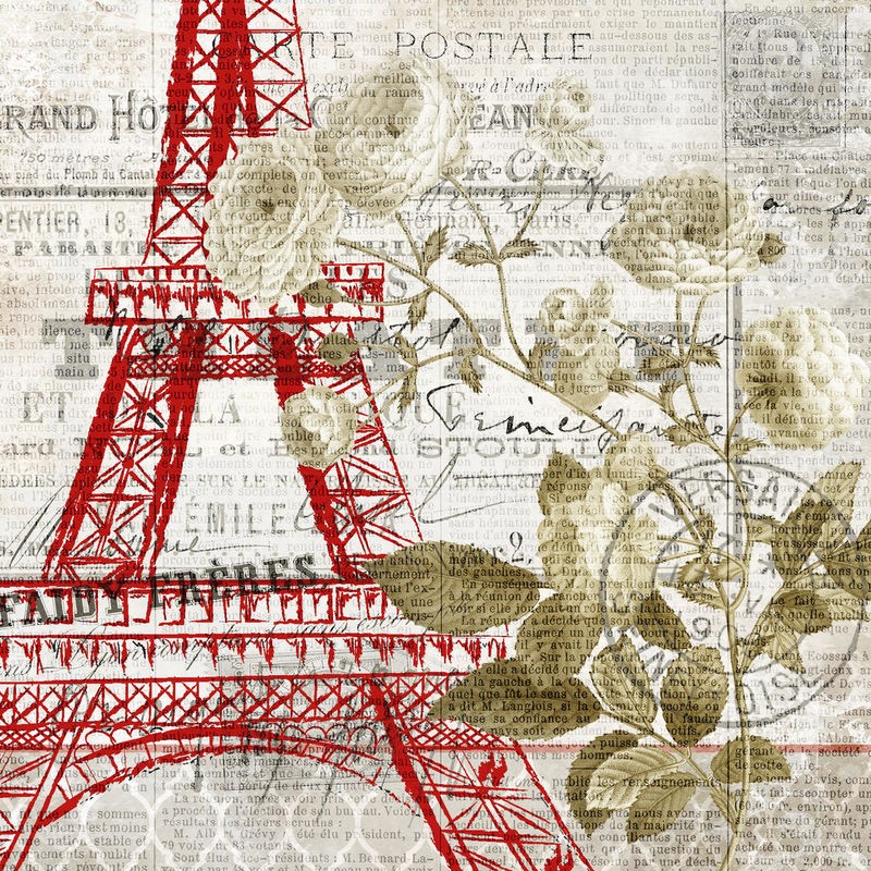 Kimberly Allen, Paris Script Series 4 (Paris, Eiffelturm, Blumen, Rosen, Postkarte, Nostalgie, Grafik, Wohnzimmer, Treppenhaus, Schlafzimmer,  Wunschgröße, beige/rot)