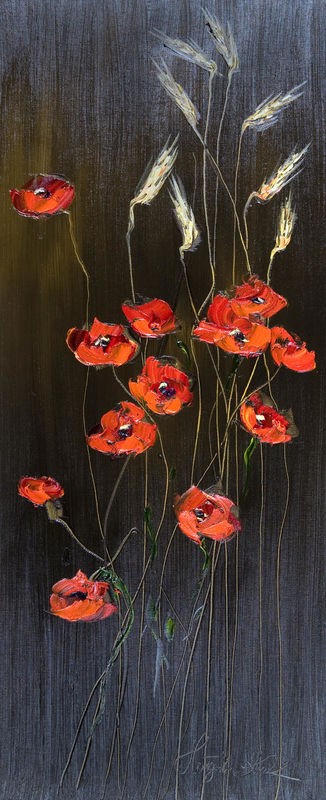 Malgorzata Kruk, PoppiesTrip2 (Mohnblumen, Blumen, Blüten, Korn, Ähren, Pflanzen, schwarzer Hintergrund, Treppenhaus, Wohnzimmer, Esszimmer, Malerei, Wunschgröße, bunt)