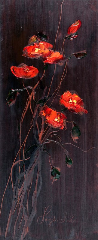 Malgorzata Kruk, PoppiesTrip3 (Mohnblumen, Blumen, Blüten, Pflanzen, schwarzer Hintergrund, Treppenhaus, Wohnzimmer, Esszimmer, Malerei, Wunschgröße, bunt)
