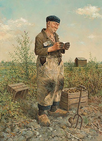 Marius van Dokkum, Farmer (Malerei, Portrait, Menschen, Mann, Bauer, Kartoffelernte, Mistgabel, Arbeit, Feldarbeit, Treppenhaus, Wohnzimmer, bunt)