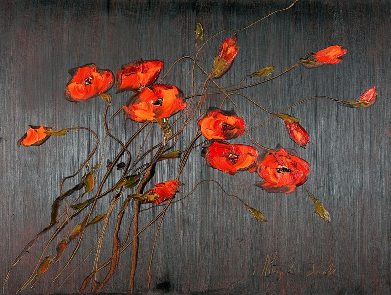 Malgorzata Kruk, SilverPoppies2 (Mohnblumen, Blumen, Blüten,  Pflanzen,  Esszimmer, Malerei, Wunschgröße, bunt)