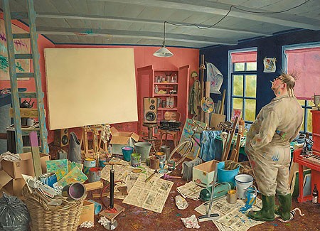 Marius van Dokkum, Waiting for Inspiration (Malerei, Karikatur, Menschen, Künstler,  Atelier, Zimmer, Chaos, Durcheinander, Eingebung, Warten, komisch, lustig, Treppenhaus, Wohnzimmer, bunt)