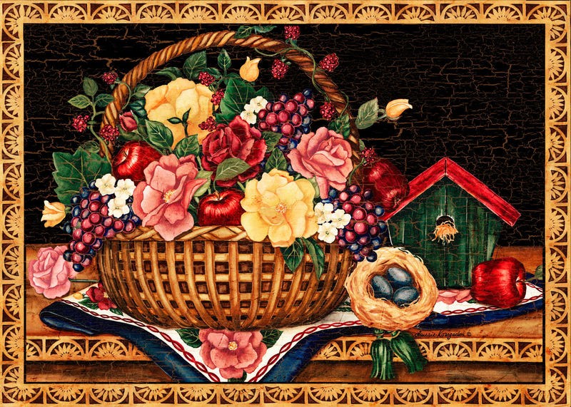 Laurie Korsgaden, The Gift Basket (Blumenkorb, Stillleben, Vogelnest, Obst, Herbst, Thanksgiving, Erntedankefest,  Wunschgröße, Malerei, Esszimmer, Küche, Treppenhaus, bunt)