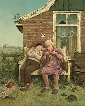 Marius van Dokkum, True Love (Malerei, Karikatur, Ehepaar, altes Ehepaar, Wahre Liebe, Socken stricken, Idylle, Gartenbank, Glücklich, komisch,Treppenhaus, Wohnzimmer, bunt)