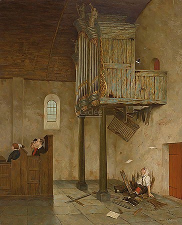 Marius van Dokkum, A capella (Malerei, Karikatur, Kirche, alte Kirche, Orgel, Empore, morsch, Durchbruch, Absturz, Organist, Spaß, komisch, lustig, Treppenhaus, Wohnzimmer, bunt)