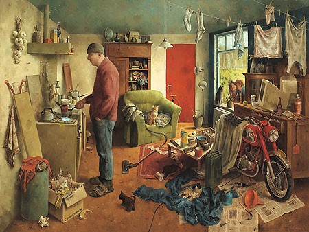 Marius van Dokkum, A man's World (Malerei, Karikatur, Menschen, Mann, Männerwirtschaft, Unordung, Messi, Zimmer, Chaos, Durcheinander, Eingebung, Warten, komisch, lustig, Treppenhaus, Wohnzimmer, bunt)