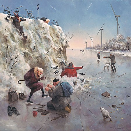 Marius van Dokkum, A turn on the Ice (Malerei, Karikatur, Menschen, alte Menschen, Senioren, Schlittschuhlaufen, eislaufen, Spaß, Rollatoren, lustig, komisch, Treppenhaus, Wohnzimmer, bunt)