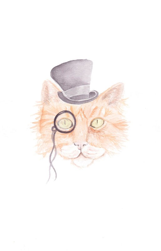 Pam Varacek, Monacle Meow (Katze, Katze mit Hut, Zylinder, Monokel, Brille, Tierportrait, Studie,Treppenhaus, Wohnzimmer, Grafik, Wunschgröße, bunt)