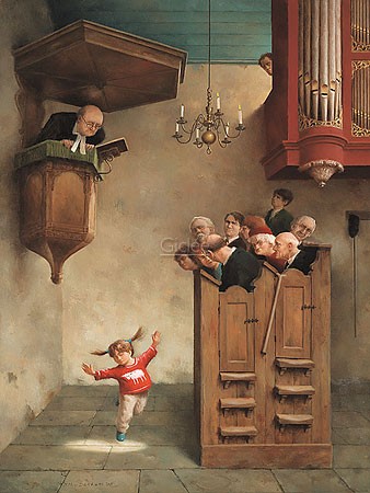 Marius van Dokkum, Dancing in the Church (Malerei, Karikatur, Menschen, Kirche, Pastor, Kanzel, Gläubige, Gemeinde, Kind, tanzendes Kind, fröhlich, lustig, komisch, Treppenhaus, Wohnzimmer, bunt)