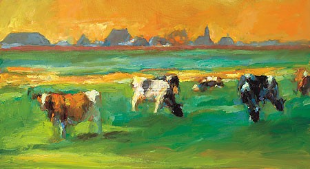Dinie Boogaart, Cows near Skuzum (Malerei, Landschaft, Niederlande, Kühe, Nutztiere, Tiere, Weide, Sommer, Sommerlicht, impressionistisch, Wohnzimmer, bunt)