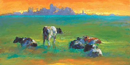 Dinie Boogaart, Cows (Malerei, Landschaft, Niederlande, Kühe, Nutztiere, Tiere, Weide, Sommer, Sommerlicht, impressionistisch, Wohnzimmer, bunt)