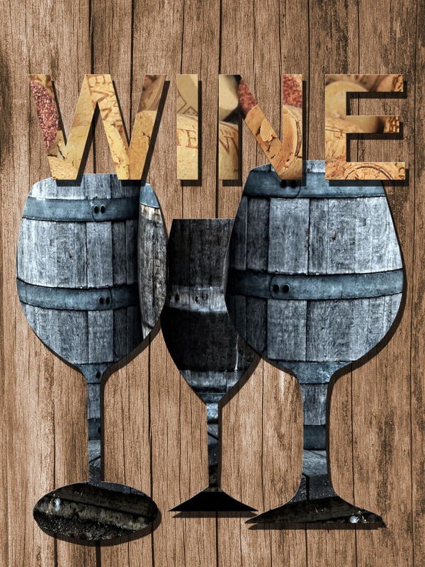 Sheldon Lewis, Wine Cellar 2 (Weingläser, Weinfässer, Holzpanel, Holzstruktur, Grafik, Weinkeller, Küche, Esszimmer, Bar, Gastronomie, Wunschgröße, bunt)