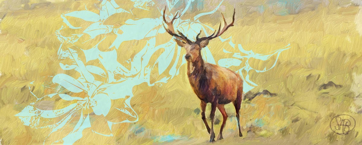 Sarah Butcher, Stag With Magnolia (Hirsch, Wild, Geweih, Tier, abstrakter Hintergrund, florale Muster, Magnolie, Treppenhaus, Wohnzimmer, Malerei, Wunschgröße,  bunt)