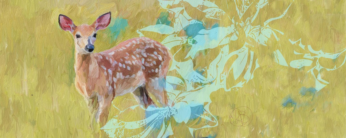Sarah Butcher, Doe With Magnolia (Reh, Damwild, Wild, Tier, abstrakter Hintergrund, florale Muster, Magnolie, Treppenhaus, Wohnzimmer, Malerei, Wunschgröße,  bunt)