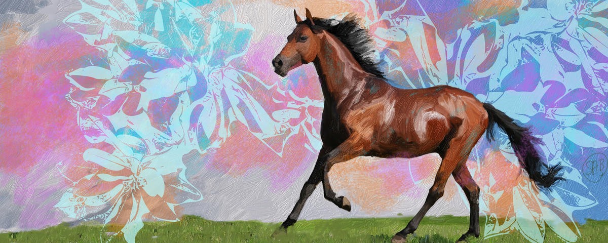 Sarah Butcher, Free Rein 1 (Pferd, rassig, Brauner, Tier, Freiheit, abstrakter Hintergrund, florale Muster, Magnolie, Treppenhaus, Wohnzimmer, Jugendzimmer, Malerei, Wunschgröße,  bunt)