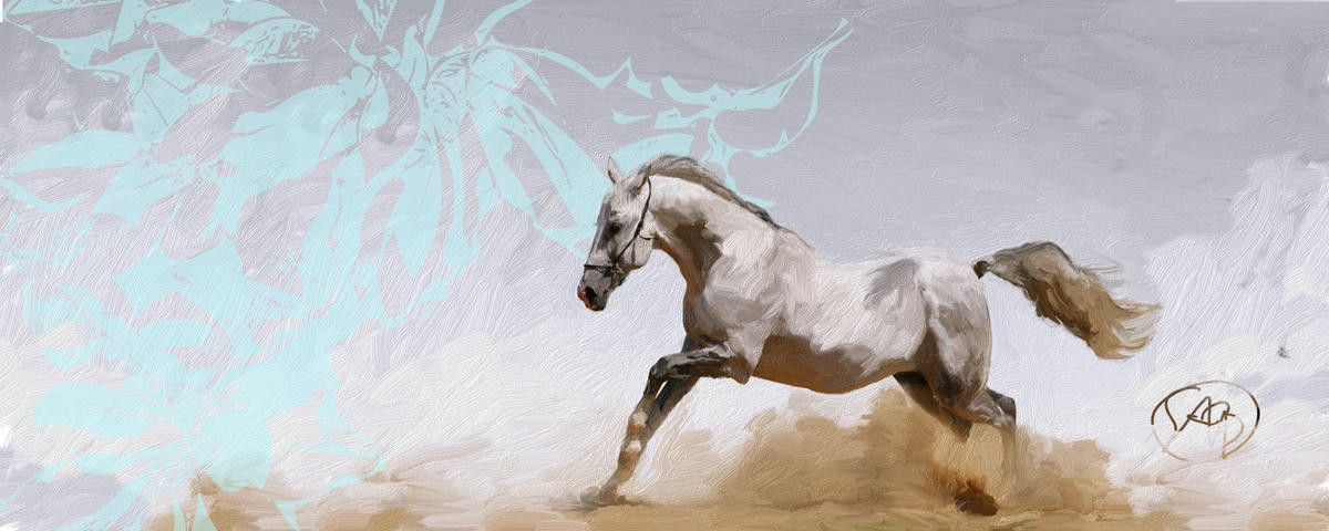 Sarah Butcher, Free Rein 2 (Pferd, rassig, Schimmel, Tier, Freiheit, abstrakter Hintergrund, florale Muster, Magnolie, Treppenhaus, Wohnzimmer, Jugendzimmer, Malerei, Wunschgröße,  bunt)