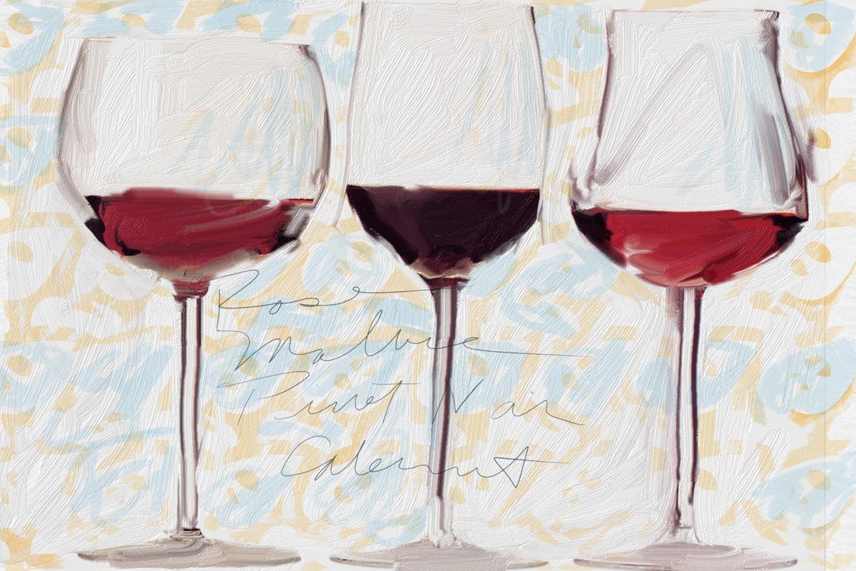 Sarah Butcher, Three Glasses (Gläser, Weingläser, Rotwein, Esszimmer, Küche, Bistro, Gastronomie, Wohnzimmer, Malerei, Wunschgröße,  bunt)