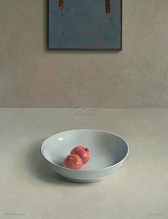 Henk Helmantel, Still life composition with homage to Kees Stoop (Malerei, Stillleben, Tisch, Obst, Frucht, Granatapfel, Paradiesapfel, Punica granatum, Porzellanschale, Esszimmer, Küche, bunt)