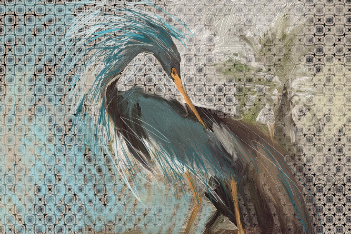 Sarah Butcher, Wild Bird (Reiher, Graureiher, Wasservögel, Vögel, abstrakter Hintergrund,  Treppenhaus, Wohnzimmer, Malerei, Wunschgröße,  bunt)