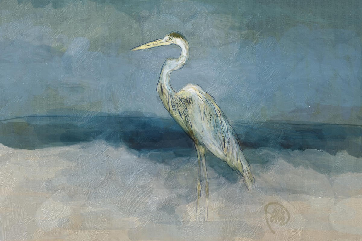 Sarah Butcher, White Heron (Reiher, Graureiher, Wasservögel, Vogel, Meer, Wasser, Horizont, Typografie, Treppenhaus, Wohnzimmer, Malerei, Wunschgröße,  blau/grau)