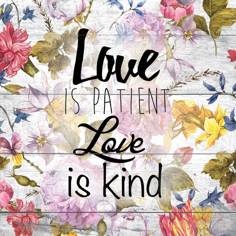 Victoria Brown, Love Patient 2 (Motivation, Inspiration, Leben, Holzstruktur, Panele, floral, Blüten, Vintage, Grafik, Wohnzimmer, Treppenhaus,  Wunschgröße)
