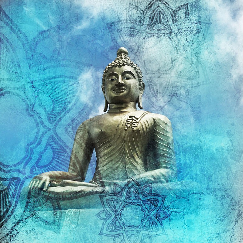 Victoria Brown, Buddha-Mandala (Buddha, Skulptur, sitzender Buddha, Mandala, Muster, zeitgenössisch, Vintage, Grafik, Wohnzimmer, Treppenhaus,  Wunschgröße, blau/silber)