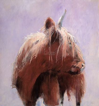 Hiske Wiersma, Highland Cattle in white (Malerei, Tierportrait, Kuh, Rind, Hochlandrind, Mähne, Zotteln, Hörner, modern, Esszimmer, Wohnzimmer, weiß / braun)