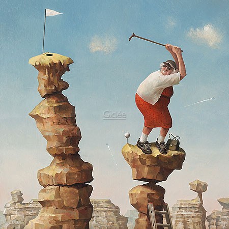 Marius van Dokkum, Hit it Granny! (Malerei, Karikatur, Menschen, Oma, Großmutter, Seniorin, Golf, Sport, Gipfel, on the top, einlochen, Spaß, Büro, lustig, komisch, Treppenhaus, Wohnzimmer, bunt)