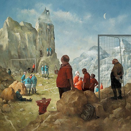 Marius van Dokkum, Highest Flight (Malerei, Karikatur, Menschen,  Senioren, Fußball, Sport, Gipfel, on the top, Ball, Ratlosigkeit, Spaß,  lustig, komisch, Treppenhaus, Wohnzimmer, bunt)