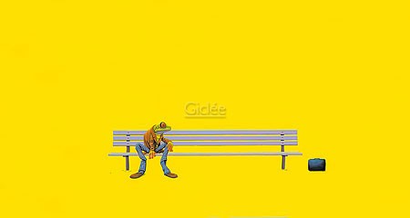 Jasper Oostland, Park Bench (malerei, Frosch, Bank, Parkbank, Entdeckung, Tasche, Aktenkoffer, Treppenhaus, gelb / bunt)