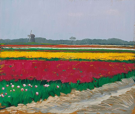 Jentsje Popma, Tulip fields near Callantsoog (Malerei, Landschaft, Felder,Windmühle, Tulpenfelder, Landwirtschaft, Sommer, leuchtend, Niederlande, zeitgenössische Malerei, Wohnzimmer, Arztpraxis, bunt)