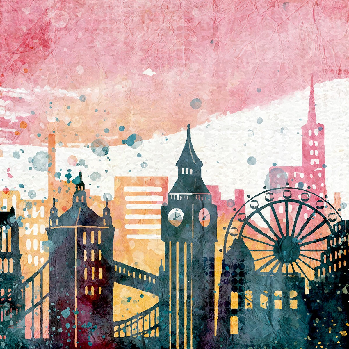 Kimberly Allen, All Around the World 1 (Städte, Metropole, London, Wahrzeichen, Big Ben, London eye,Tower bridge, Grafik, Wunschgröße, modern, Wohnzimmer, Jugendzimmer, bunt)