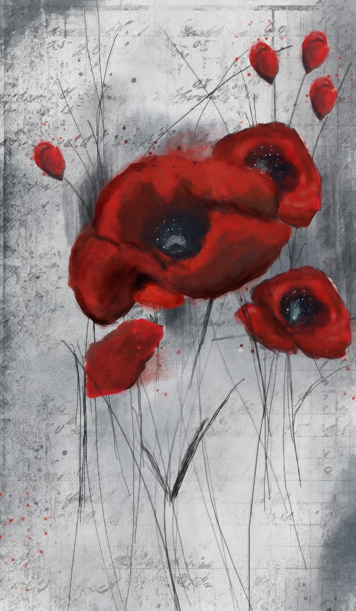 Cynthia Alvarez, Red Flowers 1 (Blumen, Blütem, Mohnblumen, modern, dekorativ, Grafik, Wohnzimmer, Treppenhaus, Wunschgröße, rot/grau)