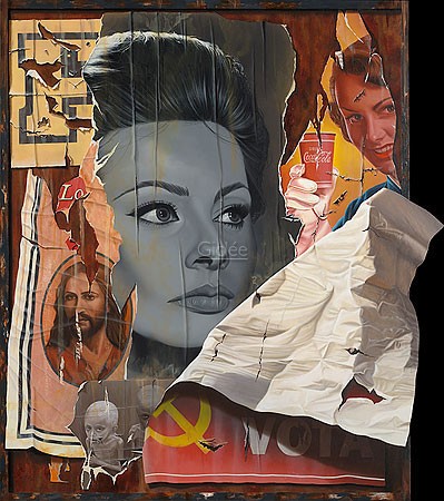 Ger Eikendal, No Chance (Collage,  Malerei, Plakatkunst, Filmplakate,  Vintage,  trompe l'oeil, Papierfetzen, Sophia Loren, Portrait, Hyper-Realismus, Wohnzimmer, bunt)
